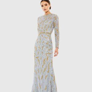 NWT Mac Duggal  Gray Beaded Long Sleeve Evening Gown MSRP $598 Style #5124
